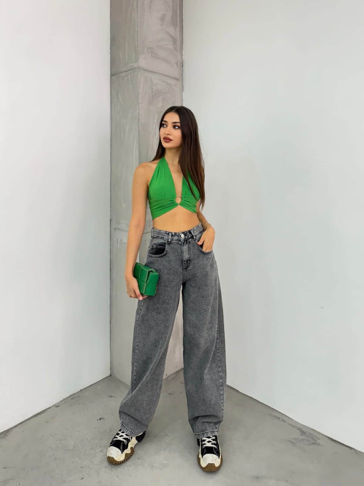 Vovikon KN Arka Kemer Tokalı Kar Siyah Kadın Baggy Jean