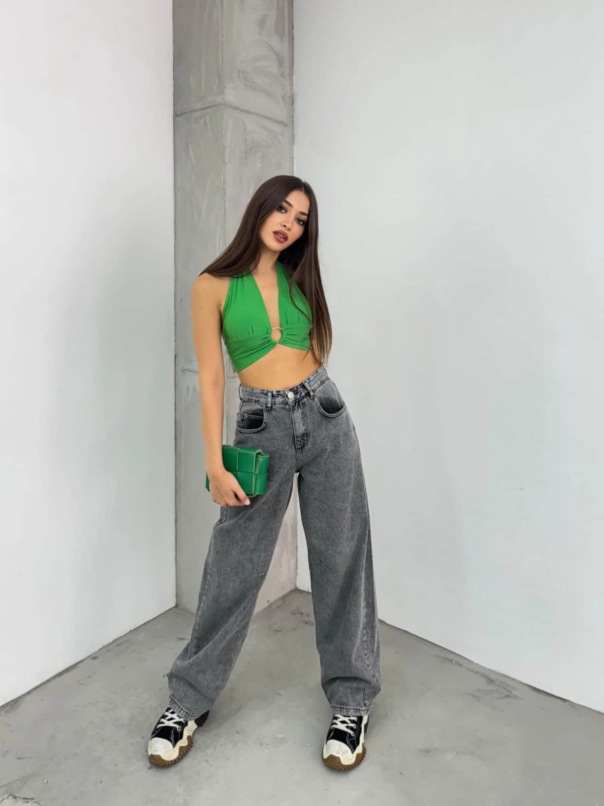 Vovikon KN Arka Kemer Tokalı Kar Siyah Kadın Baggy Jean