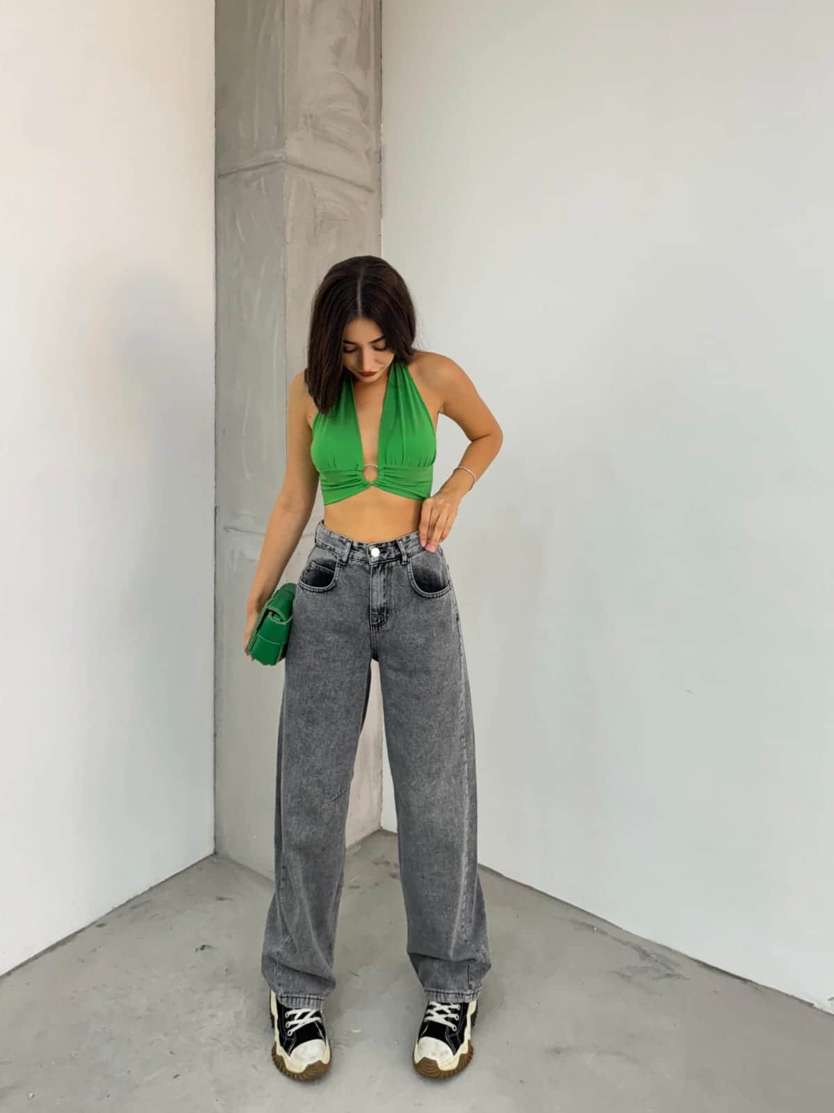 Vovikon KN Arka Kemer Tokalı Kar Siyah Kadın Baggy Jean