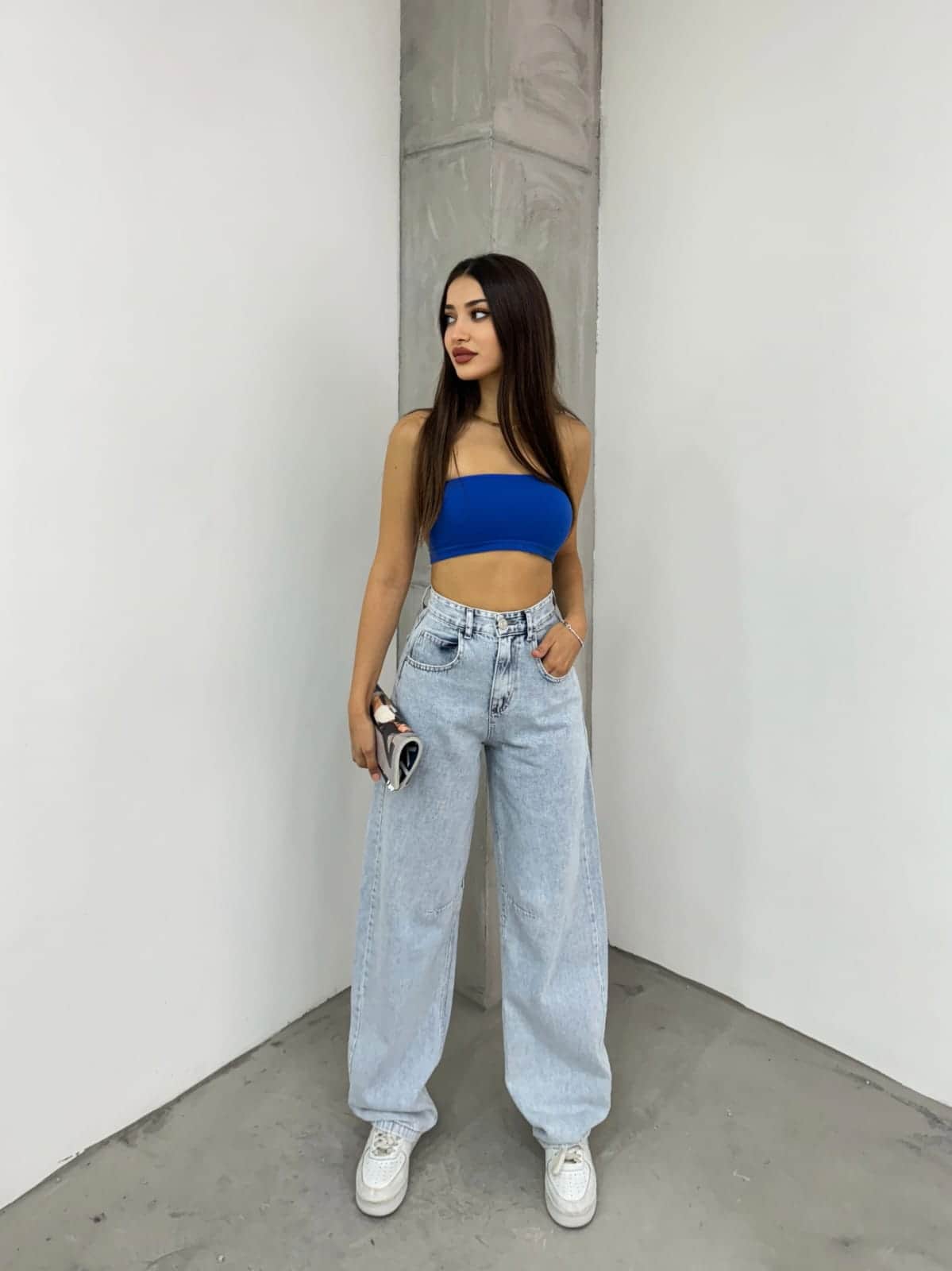 Vovikon KN Arka Kemer Tokalı Buz Kar Kadın Baggy Jean