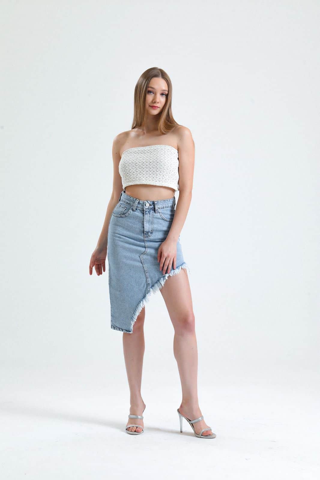 Vovikon KN Püsküllü Denim Buz Mavi Kadın Asimetrik Kot Etek