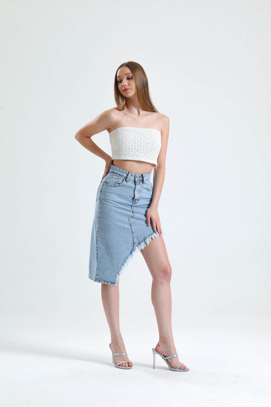 Vovikon KN Püsküllü Denim Buz Mavi Kadın Asimetrik Kot Etek