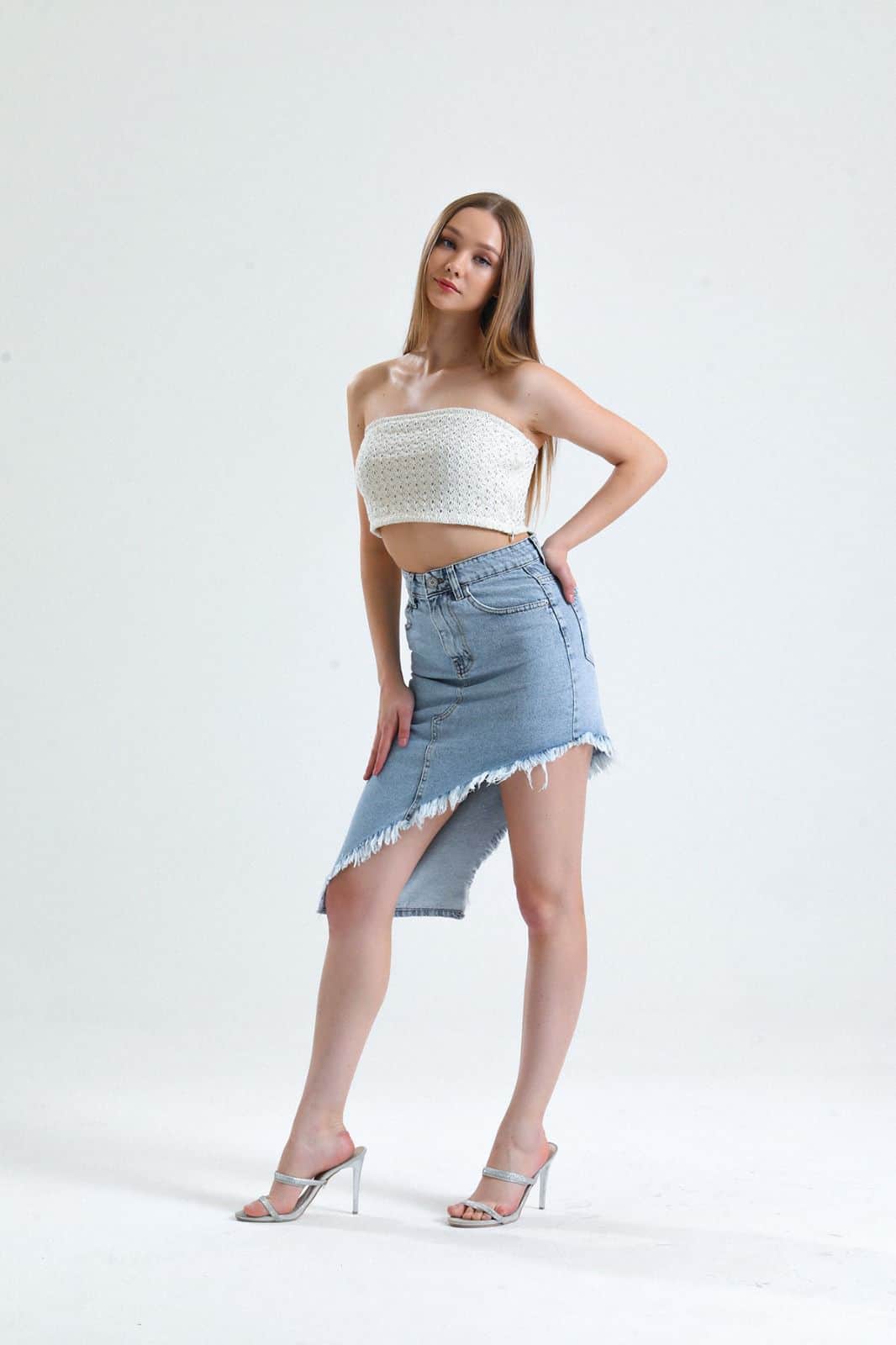 Vovikon KN Püsküllü Denim Buz Mavi Kadın Asimetrik Kot Etek