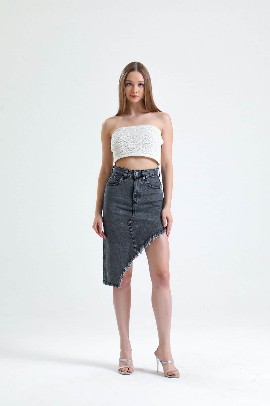 Vovikon KN Püsküllü Denim Kar Siyah Kadın Asimetrik Kot Etek