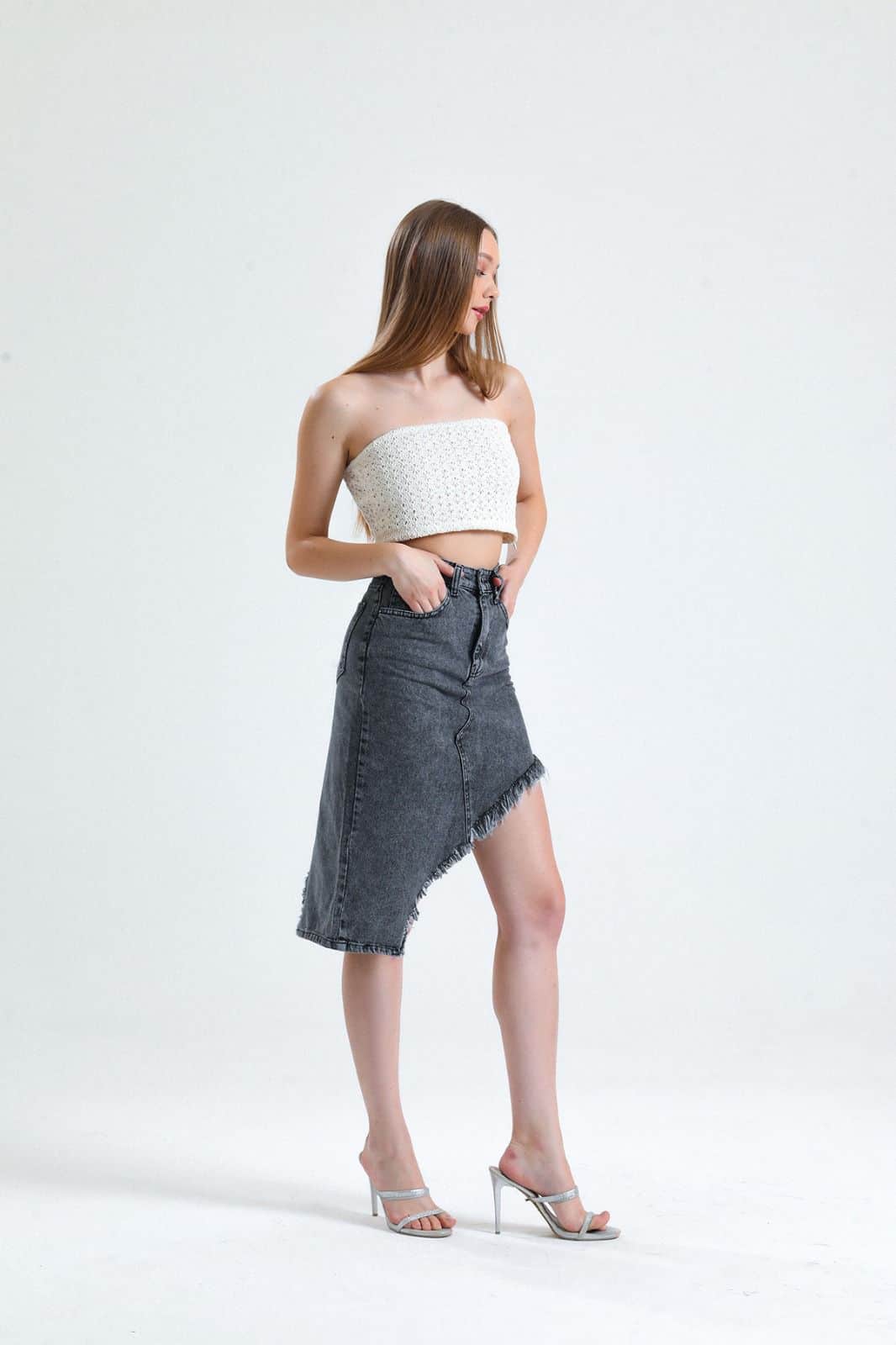 Vovikon KN Püsküllü Denim Kar Siyah Kadın Asimetrik Kot Etek