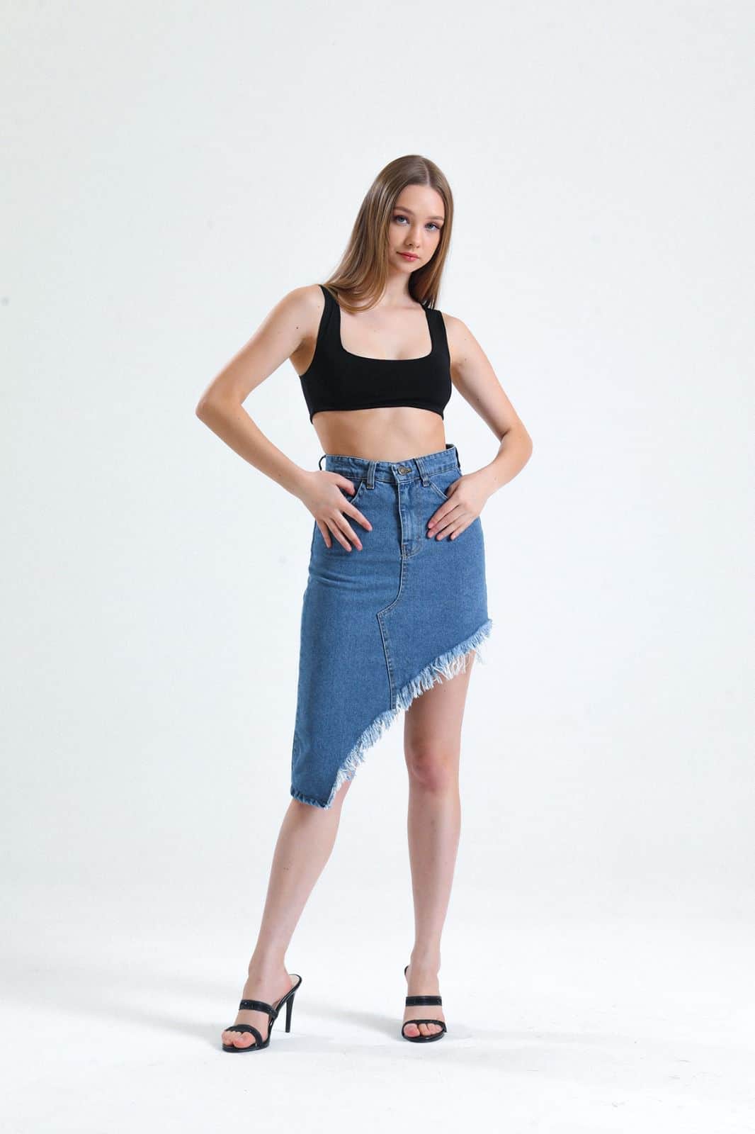 Vovikon KN Püsküllü Denim Mavi Kadın Asimetrik Kot Etek