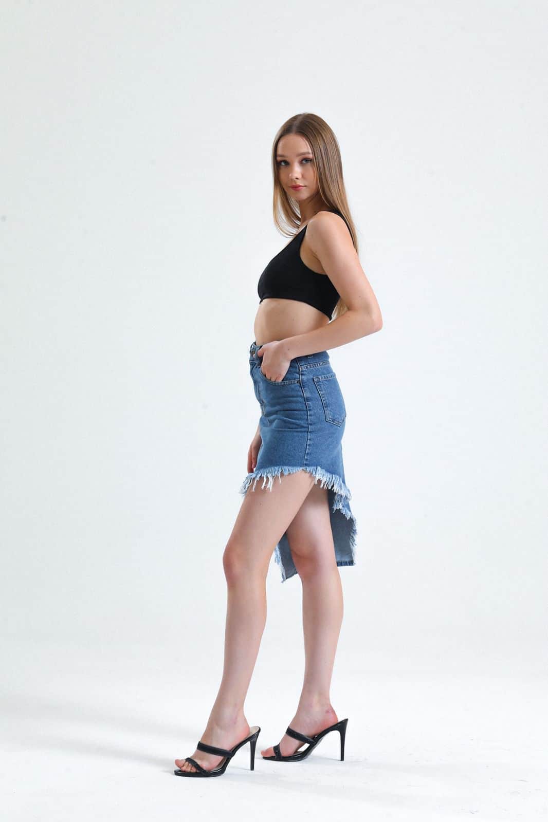 Vovikon KN Püsküllü Denim Mavi Kadın Asimetrik Kot Etek