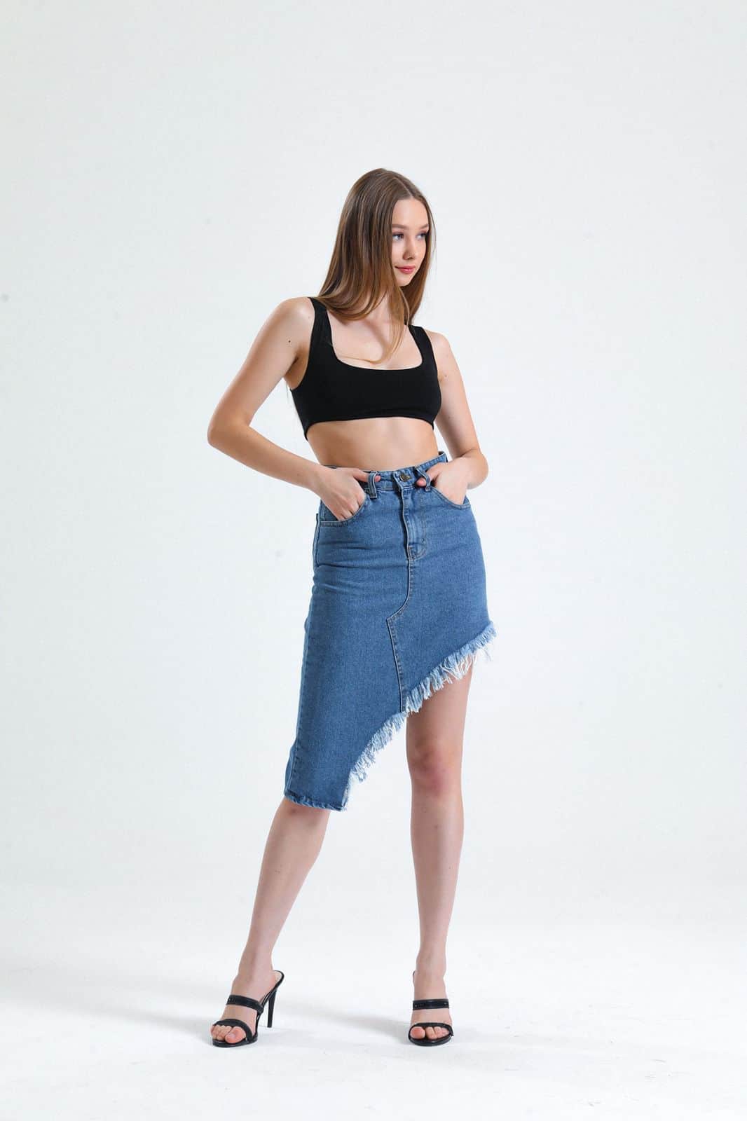 Vovikon KN Püsküllü Denim Mavi Kadın Asimetrik Kot Etek