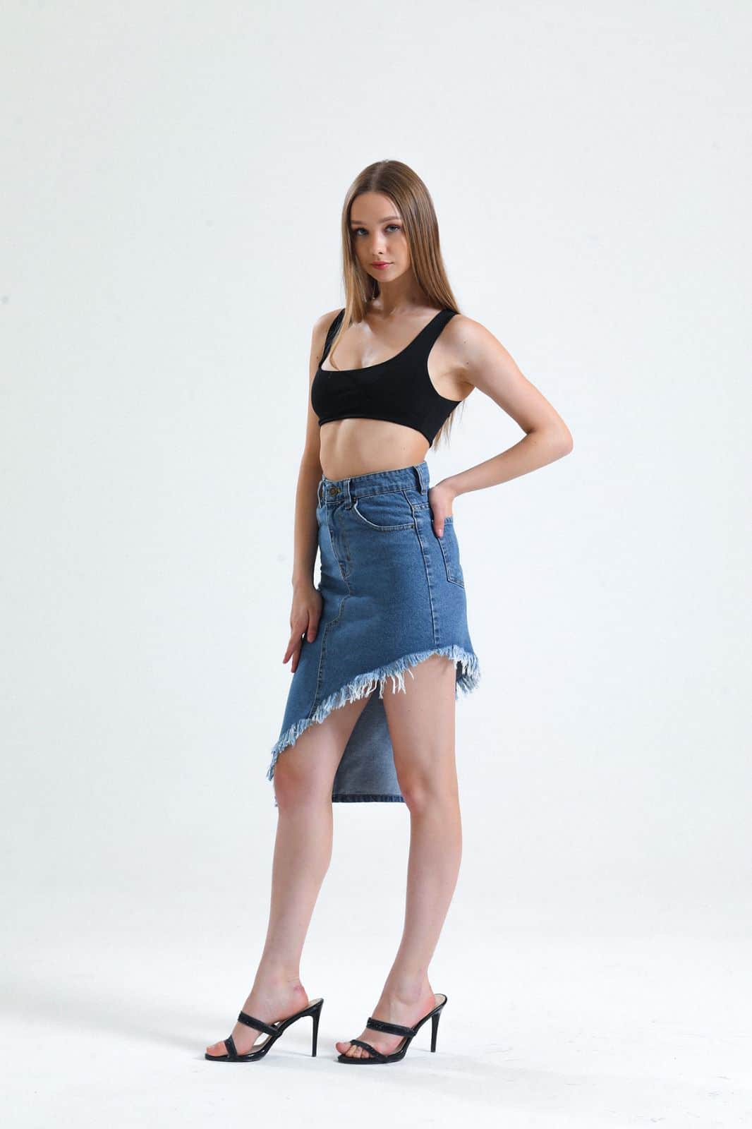 Vovikon KN Püsküllü Denim Mavi Kadın Asimetrik Kot Etek