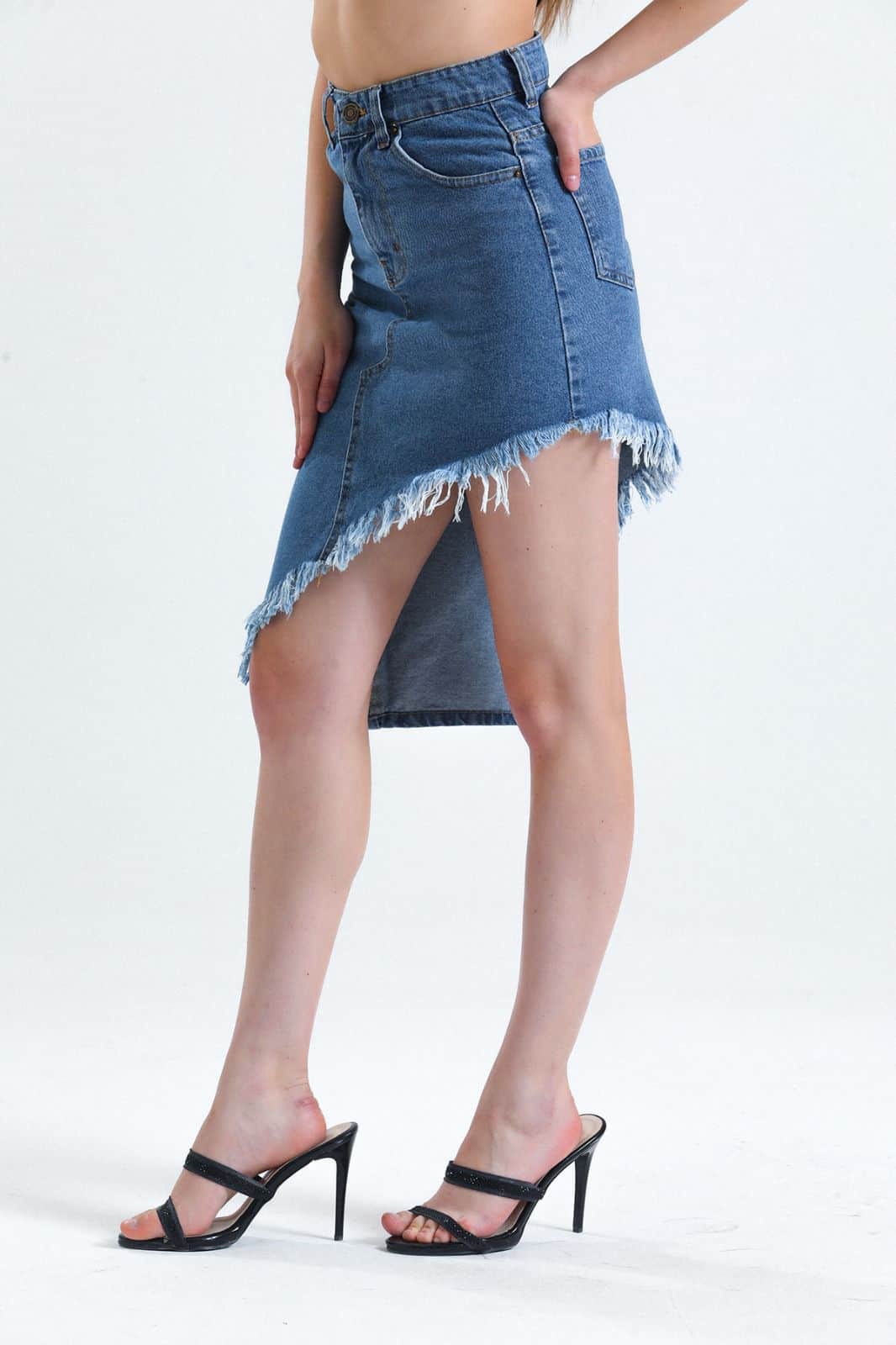 Vovikon KN Püsküllü Denim Mavi Kadın Asimetrik Kot Etek