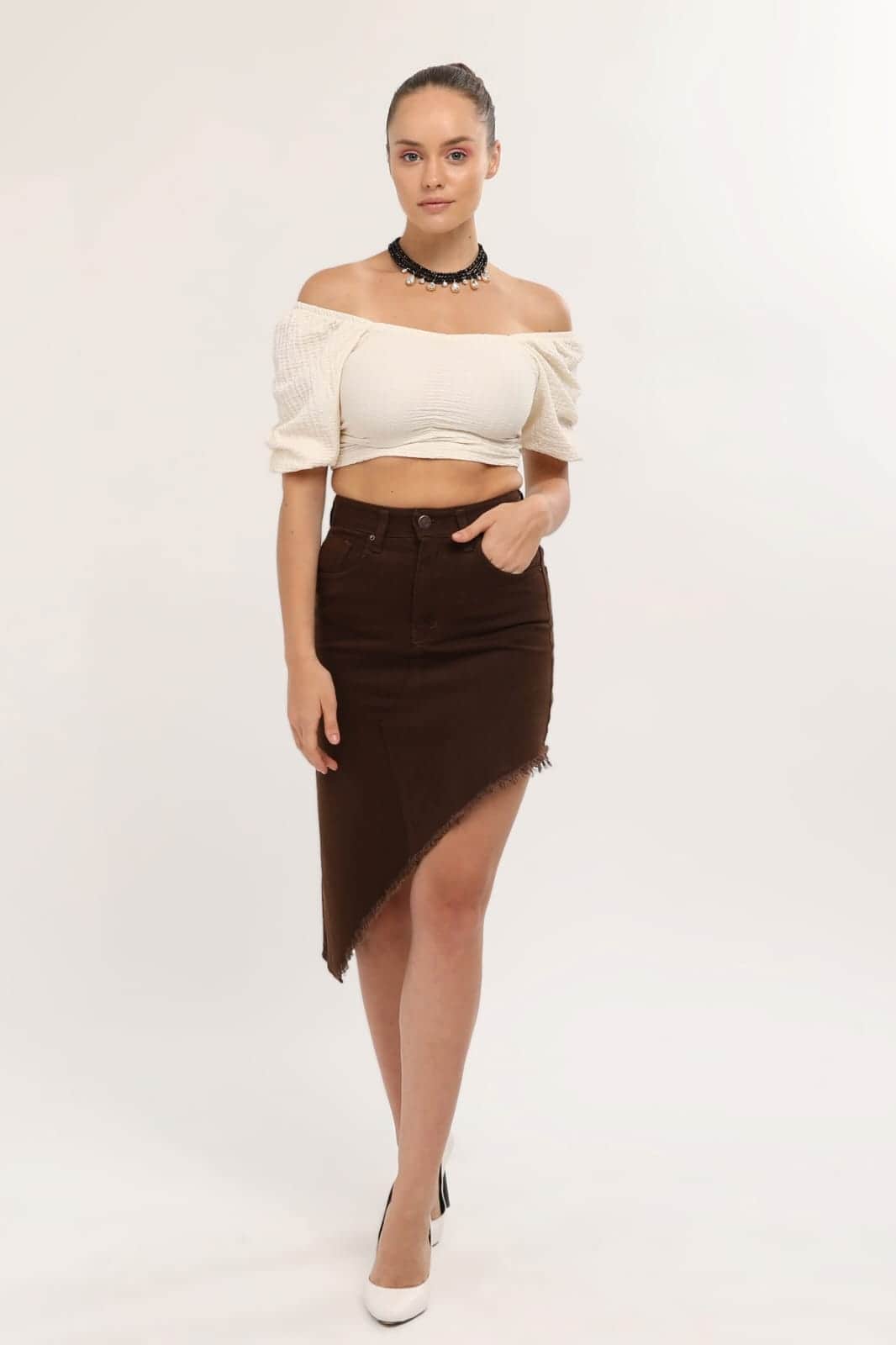 Vovikon KN Kahve Püsküllü Gabardin Kadın Asimetrik Etek