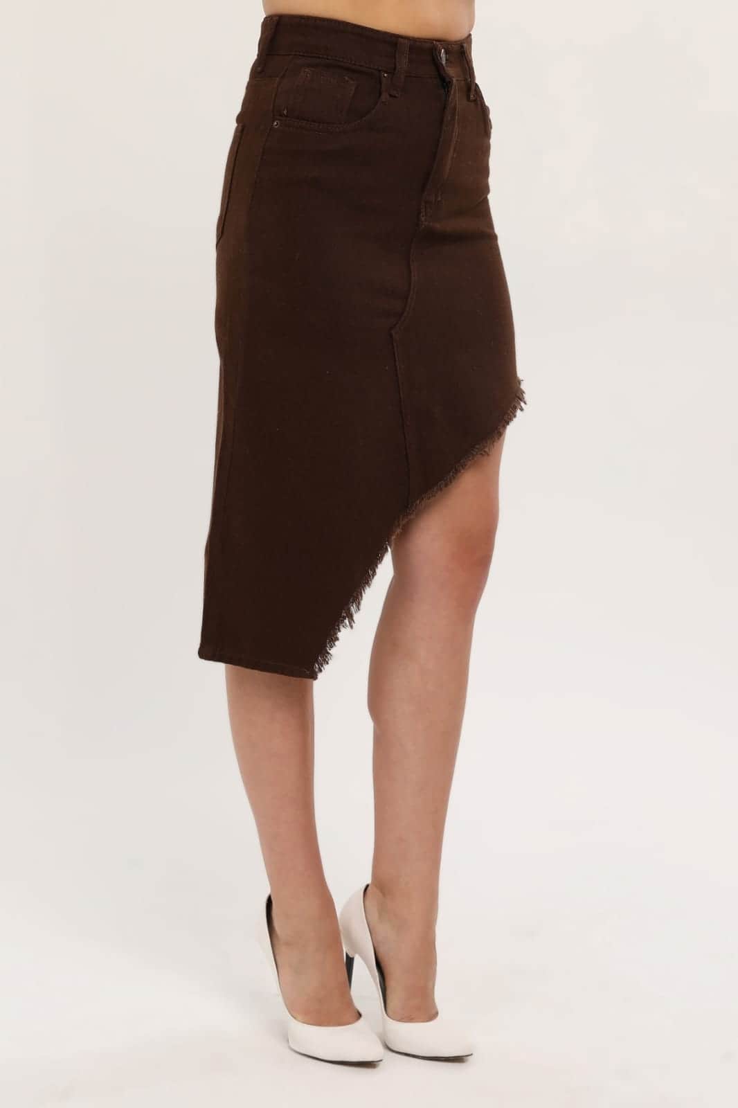 Vovikon KN Kahve Püsküllü Gabardin Kadın Asimetrik Etek