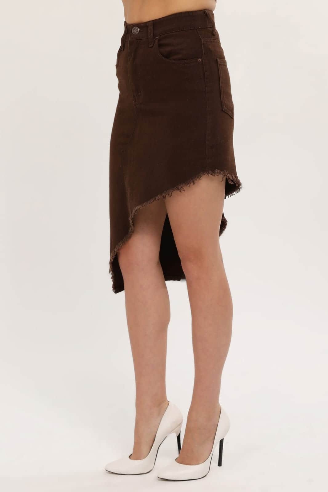 Vovikon KN Kahve Püsküllü Gabardin Kadın Asimetrik Etek