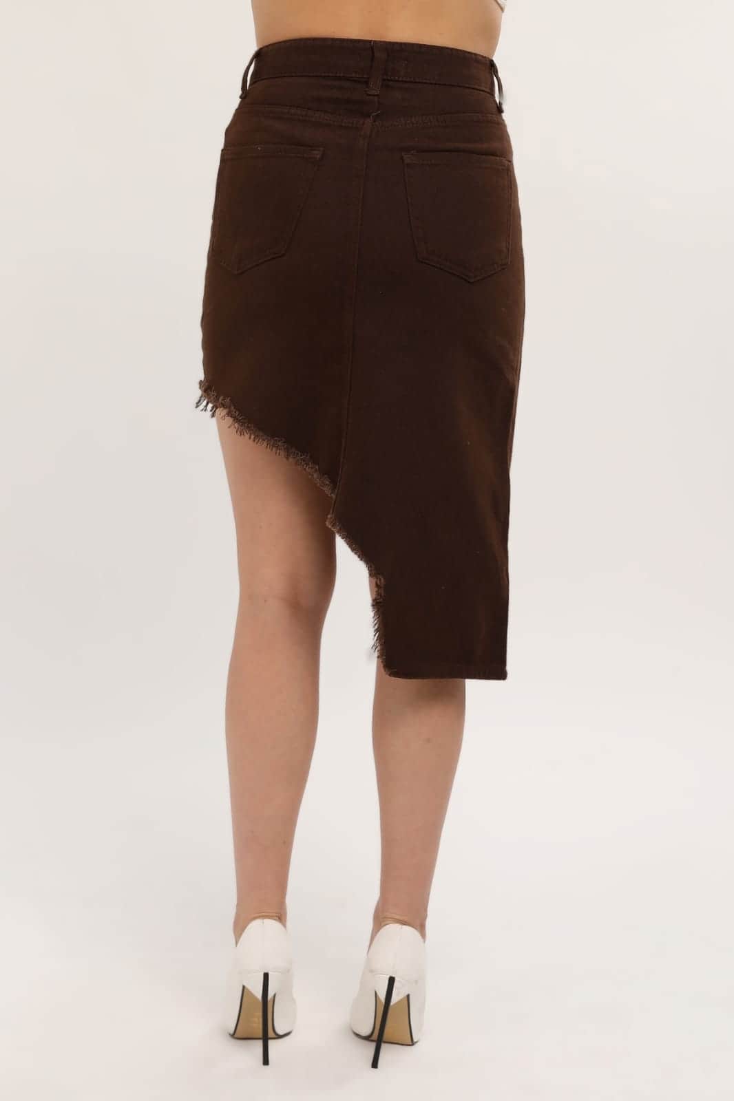 Vovikon KN Kahve Püsküllü Gabardin Kadın Asimetrik Etek