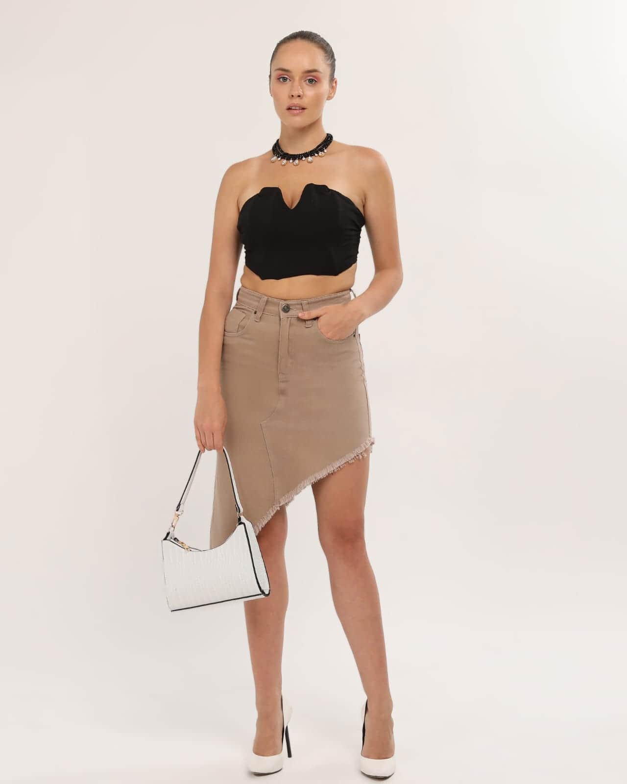 Vovikon KN Vizon Püsküllü Gabardin Kadın Asimetrik Etek