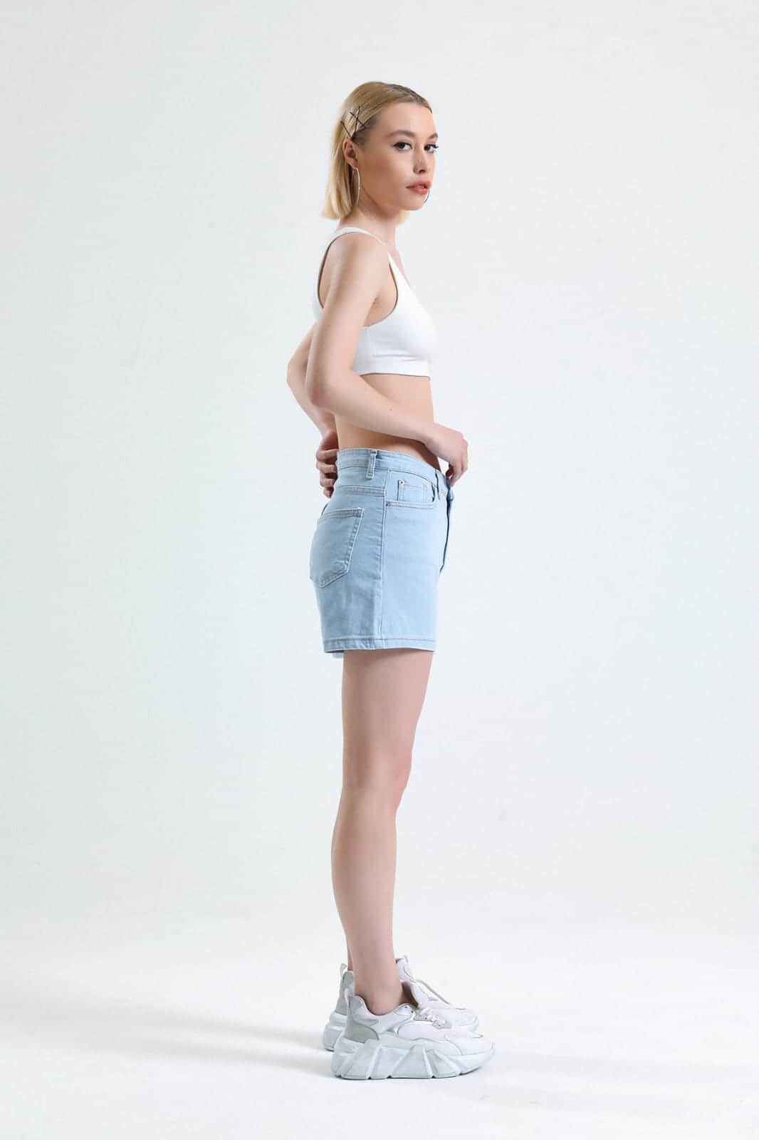 Vovikon KN Yüksek Bel Denim Buz Mavi Kadın Kot Şort