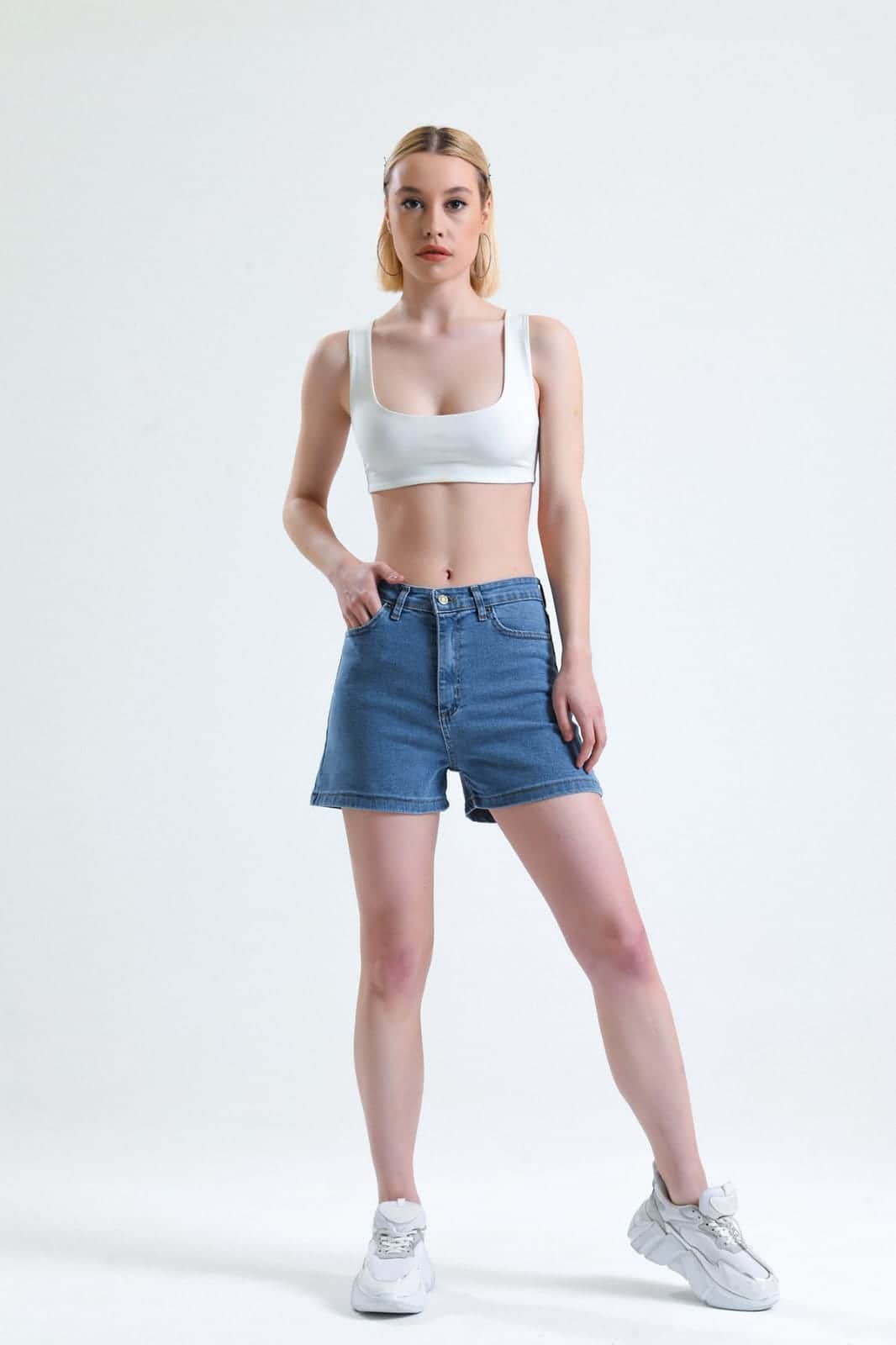 Vovikon KN Yüksek Bel Denim Mavi Kadın Kot Şort