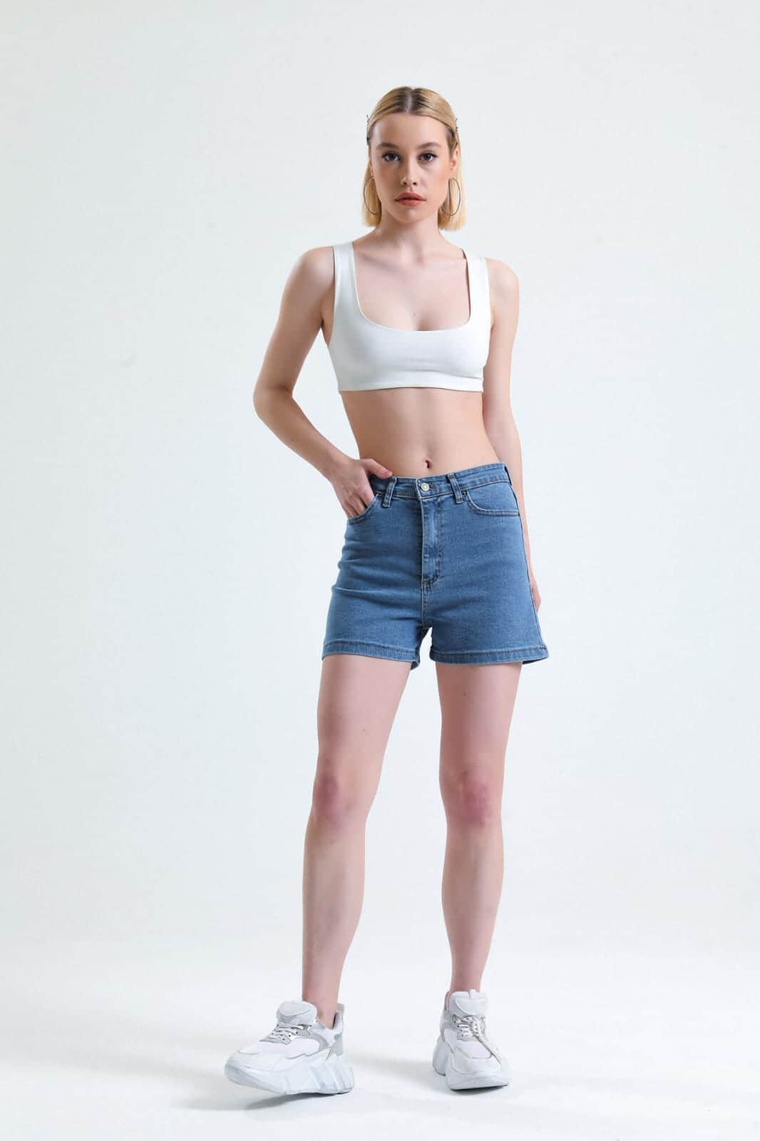 Vovikon KN Yüksek Bel Denim Mavi Kadın Kot Şort