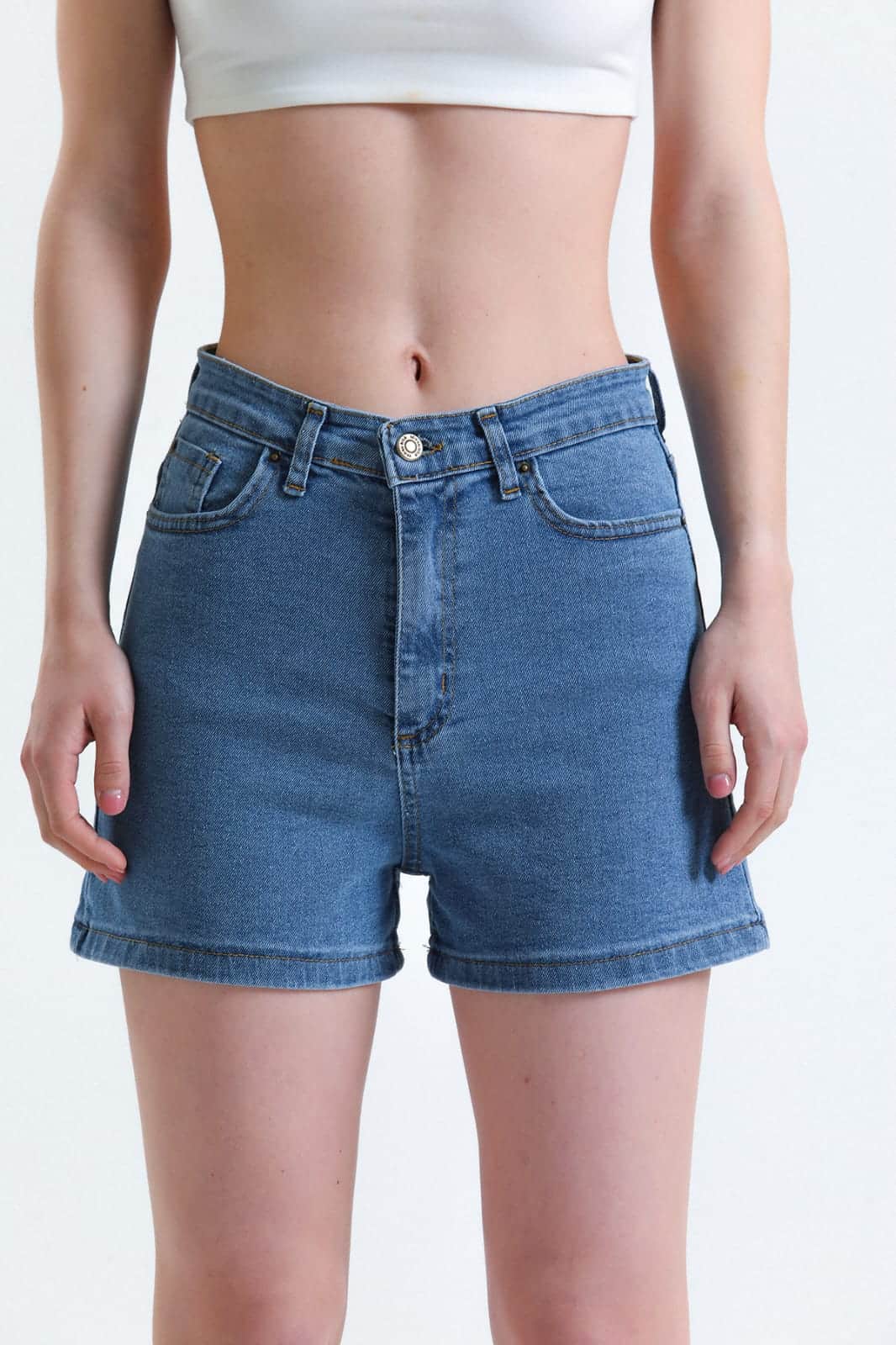 Vovikon KN Yüksek Bel Denim Mavi Kadın Kot Şort