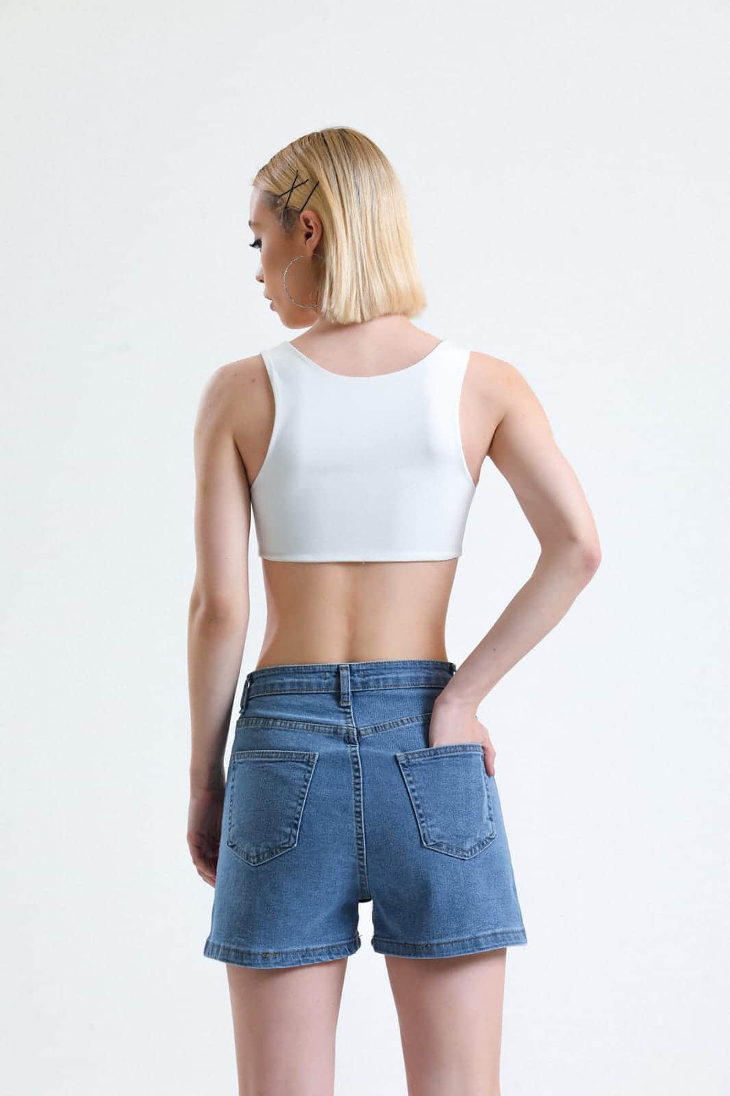 Vovikon KN Yüksek Bel Denim Mavi Kadın Kot Şort