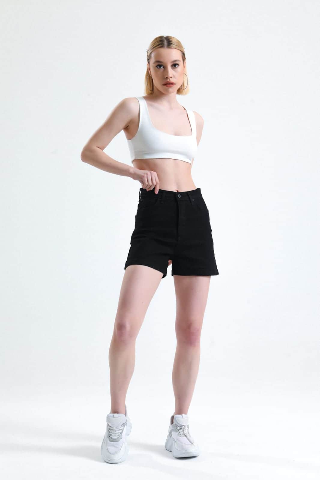 Vovikon KN Yüksek Bel Denim Siyah Kadın Kot Şort