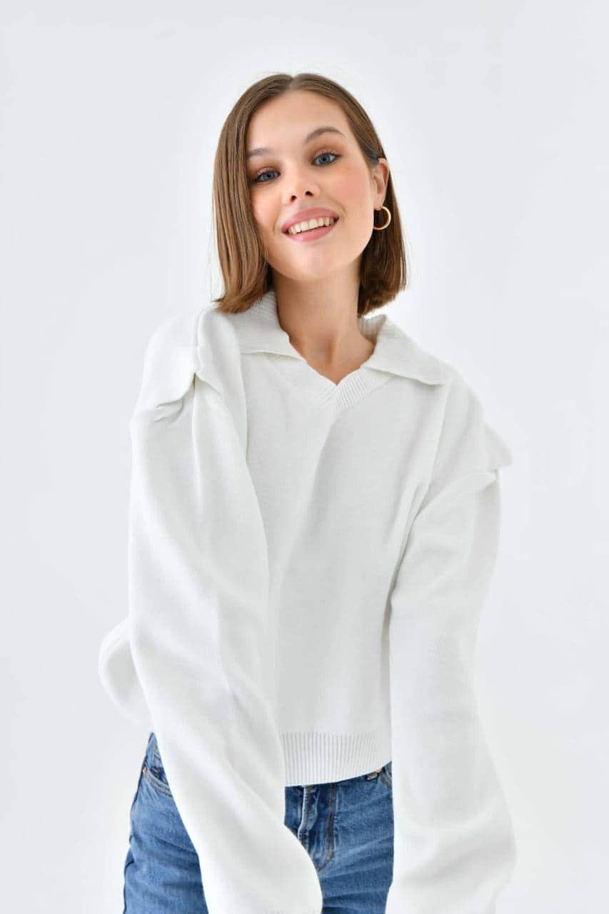 Vovikon Polo V Yaka Beyaz Triko Kazak