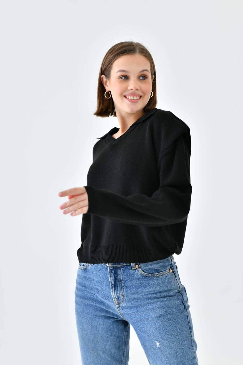 Vovikon Polo V Yaka Siyah Triko Kazak