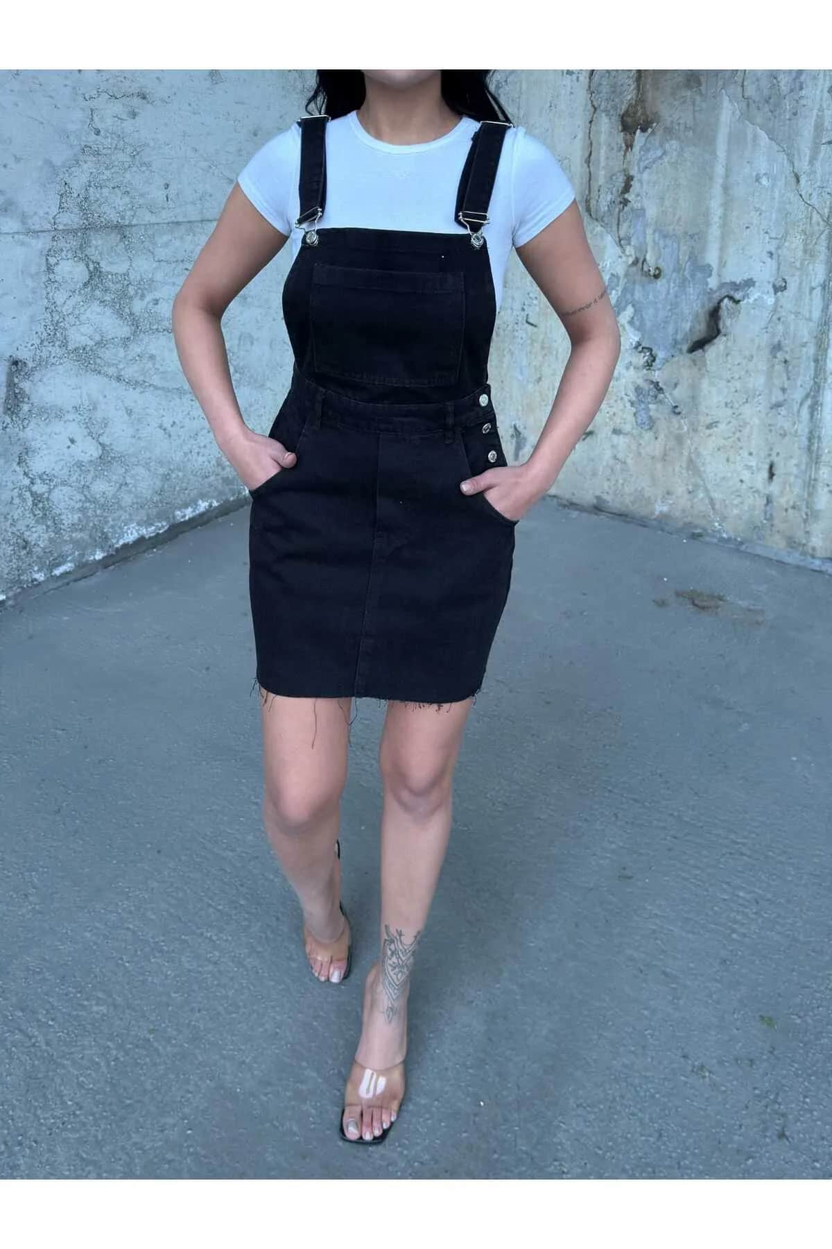 Vovikon KN Siyah Etek Ucu Kesik Püsküllü Bahçıvan Salopet Elbise