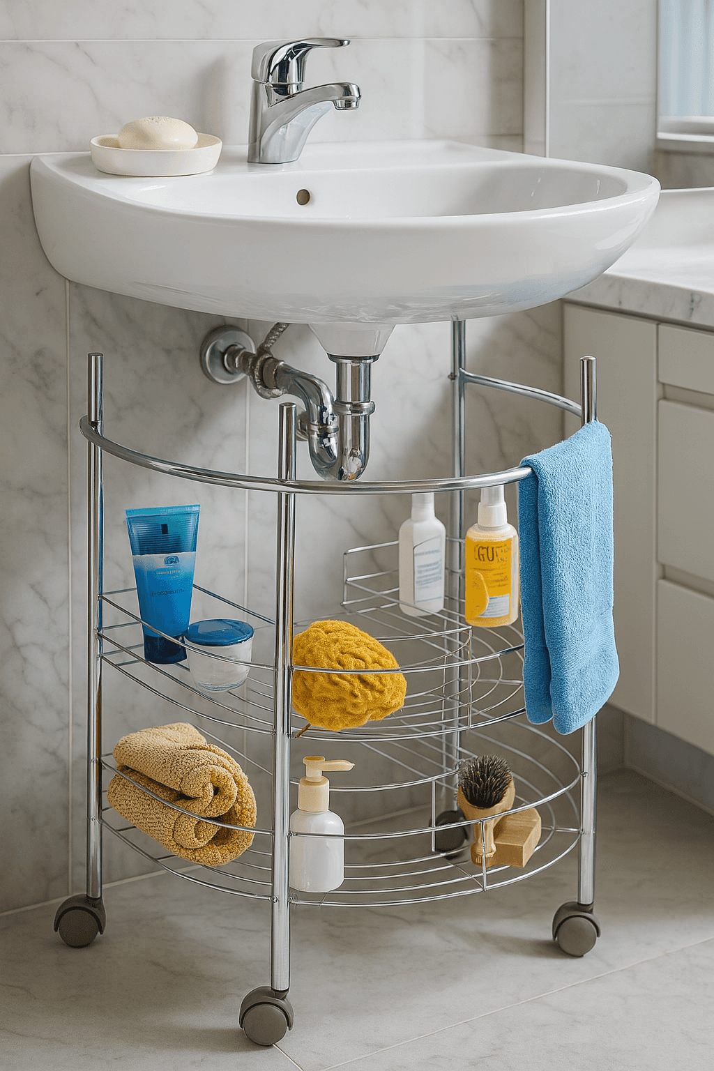 Lavabo Altı Çelik 2 Katlı Tekerlekli Raf Krom Kaplamalı Banyo Organizer 53×64×41 cm