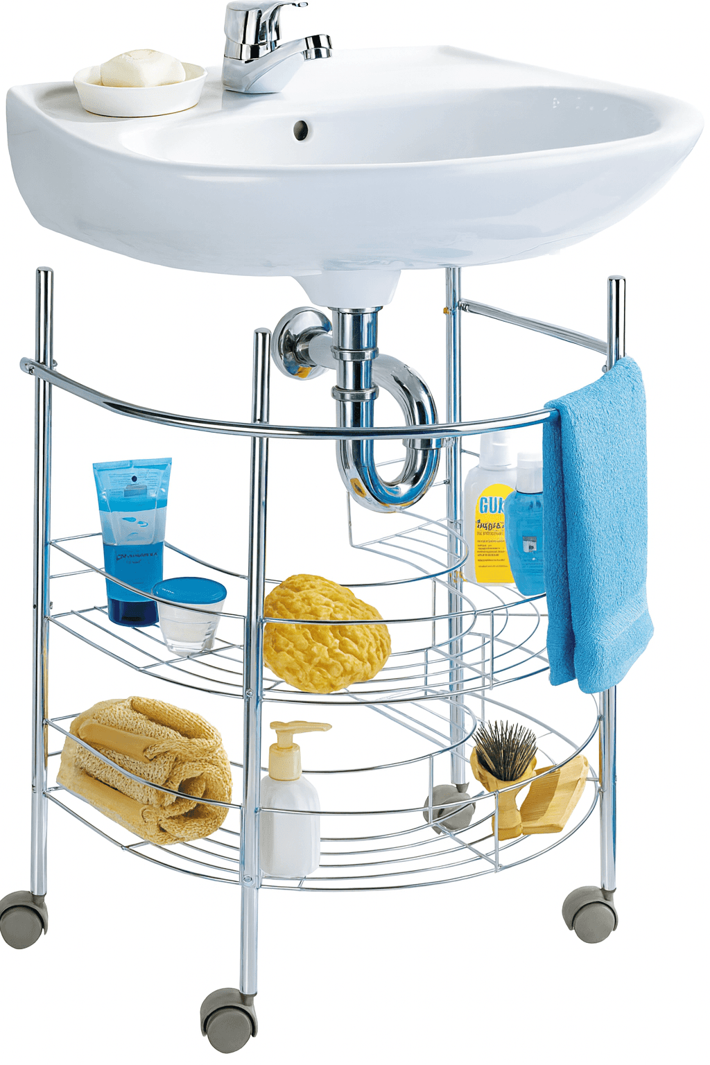 Lavabo Altı Çelik 2 Katlı Tekerlekli Raf Krom Kaplamalı Banyo Organizer 53×64×41 cm