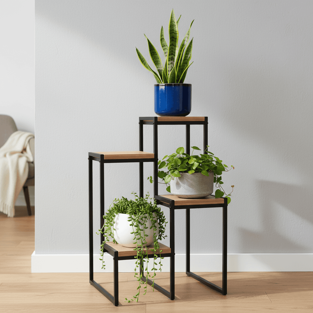 Saksı Standı Metal Gövdeli 4 Raflı Dekoratif Saksılık Çiçeklik