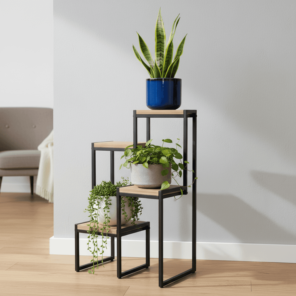 Saksı Standı Metal Gövdeli 4 Raflı Dekoratif Saksılık Çiçeklik