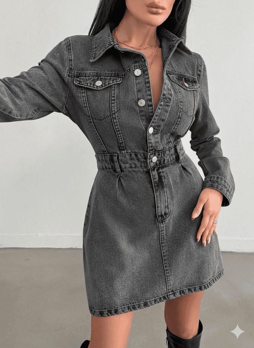 Vovikon Ön Pileli Kar Siyah Denim Elbise