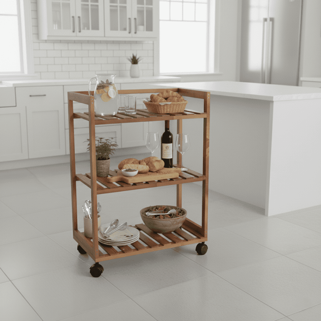 Ahşap Tekerlekli 3 Katlı Servis Arabası