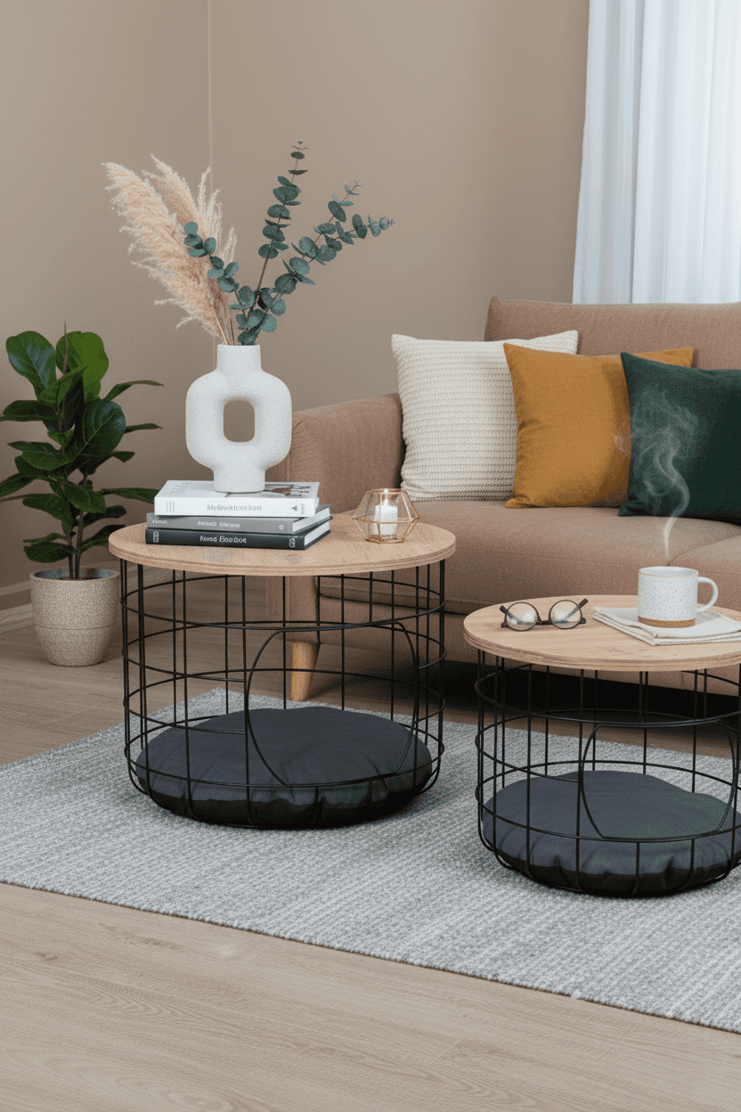 Kedi Yuvalı  Atlantik Çam Sepet Sehpa Seti 2li Orta Sehpa Kahve Sehpası