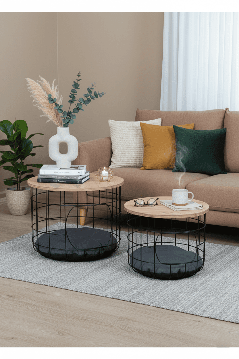 Kedi Yuvalı  Atlantik Çam Sepet Sehpa Seti 2li Orta Sehpa Kahve Sehpası