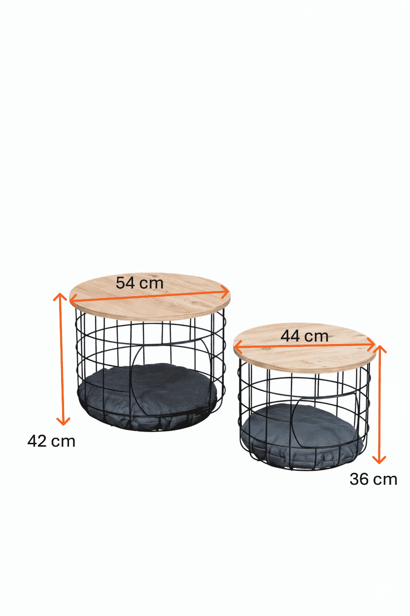 Kedi Yuvalı  Atlantik Çam Sepet Sehpa Seti 2li Orta Sehpa Kahve Sehpası