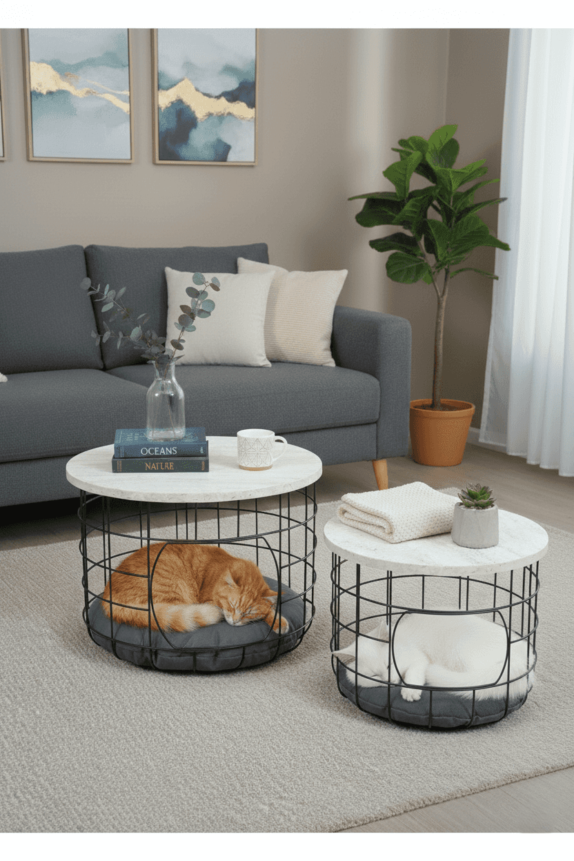 Kedi Yuvalı Traverten Beyaz Sepet Sehpa Seti 2li Orta Sehpa Kahve Sehpası