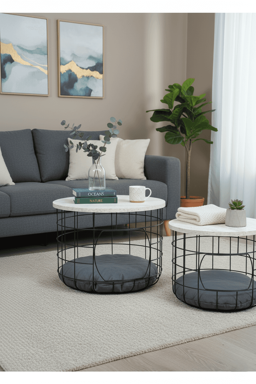 Kedi Yuvalı Traverten Beyaz Sepet Sehpa Seti 2li Orta Sehpa Kahve Sehpası