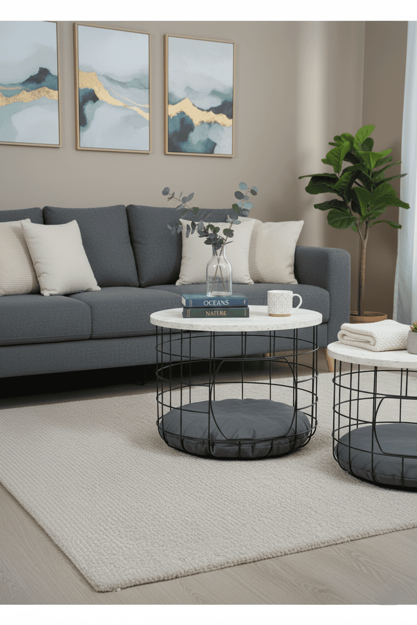 Kedi Yuvalı Traverten Beyaz Sepet Sehpa Seti 2li Orta Sehpa Kahve Sehpası