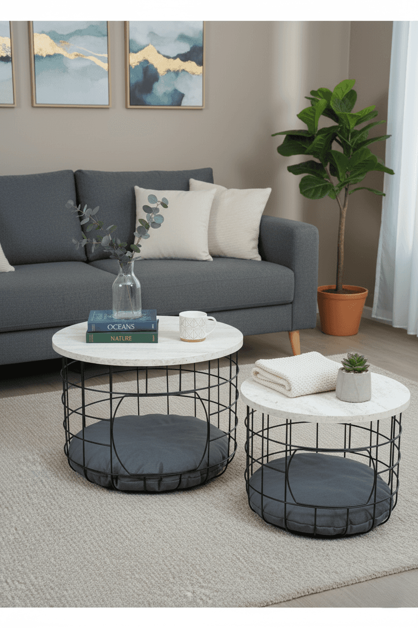 Kedi Yuvalı Traverten Beyaz Sepet Sehpa Seti 2li Orta Sehpa Kahve Sehpası