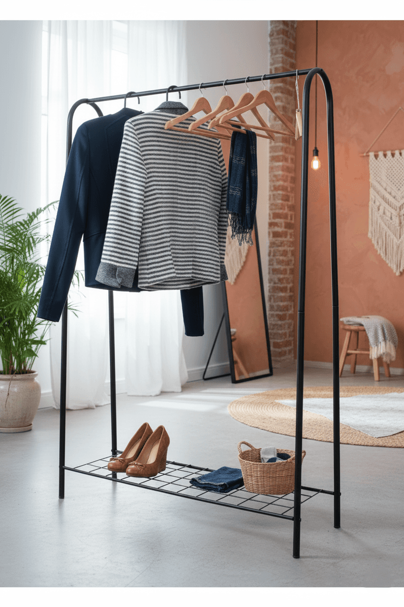 Tek Raflı Ayakkabılıklı Elbise Kıyafet Askısı Ayaklı Askılık