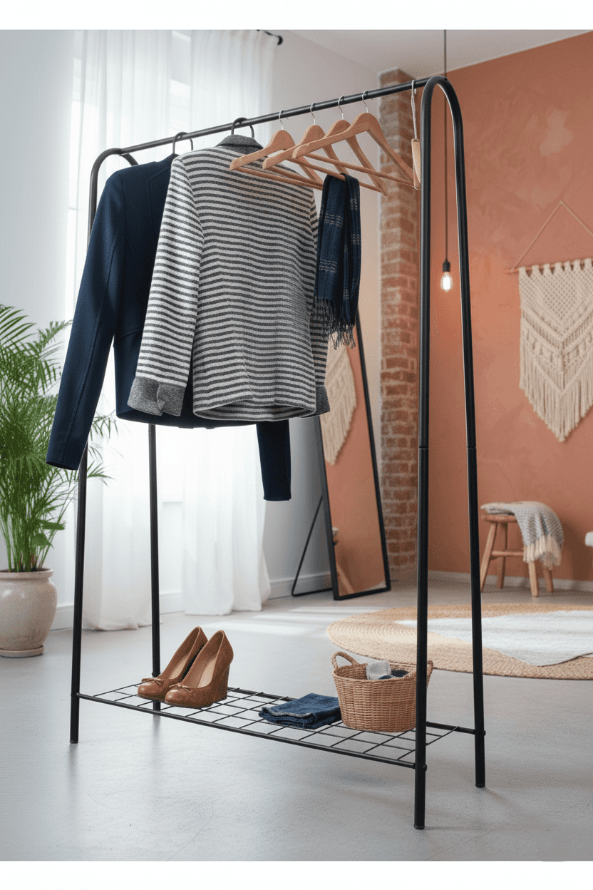 Tek Raflı Ayakkabılıklı Elbise Kıyafet Askısı Ayaklı Askılık