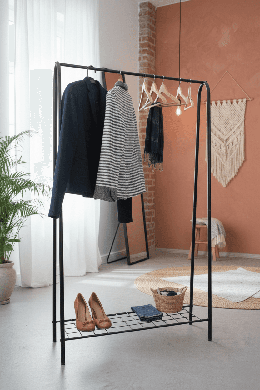 Tek Raflı Ayakkabılıklı Elbise Kıyafet Askısı Ayaklı Askılık