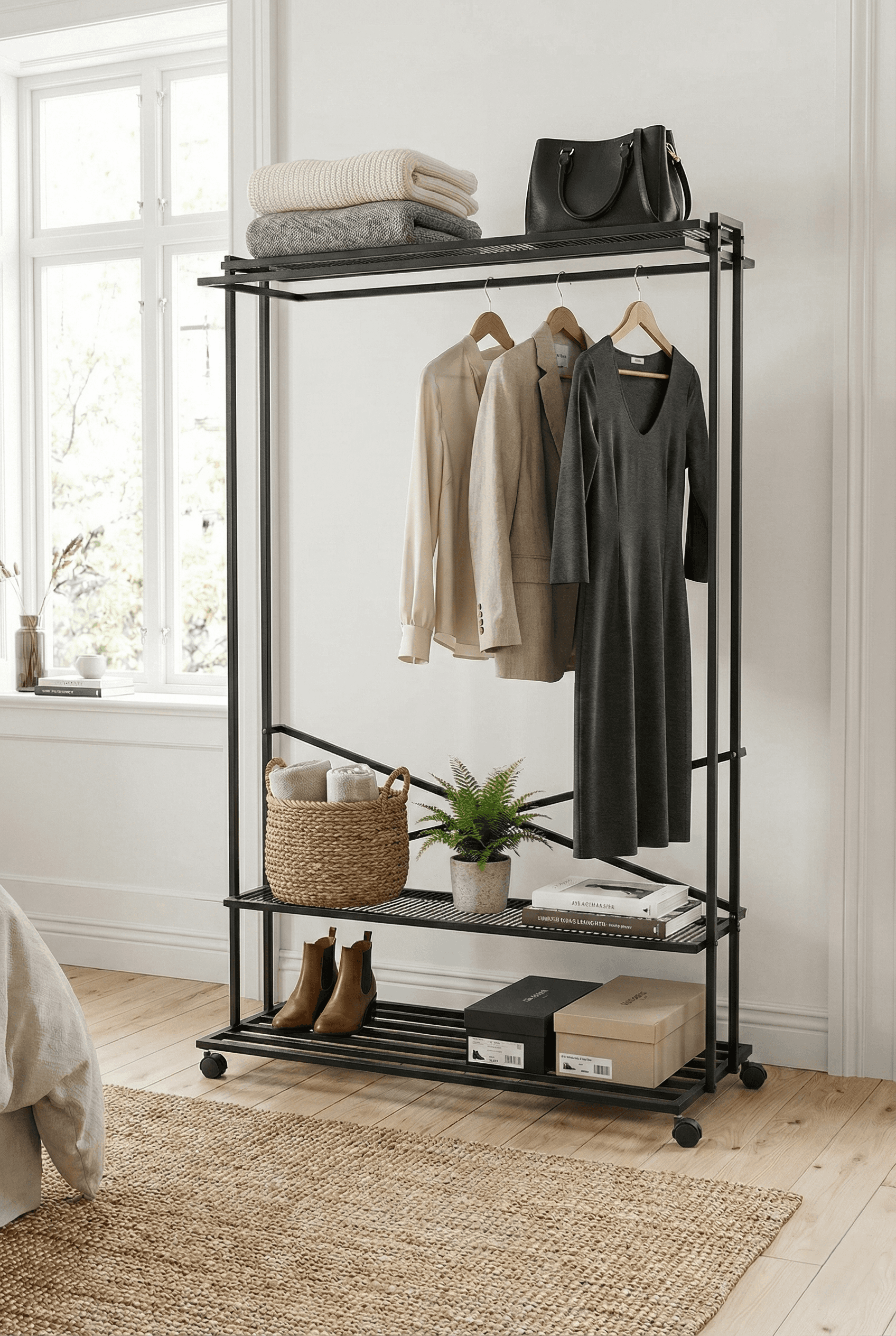 Metal 3 Raflı Tekerlekli Elbise Askısı Ayaklı Askılık Portmanto