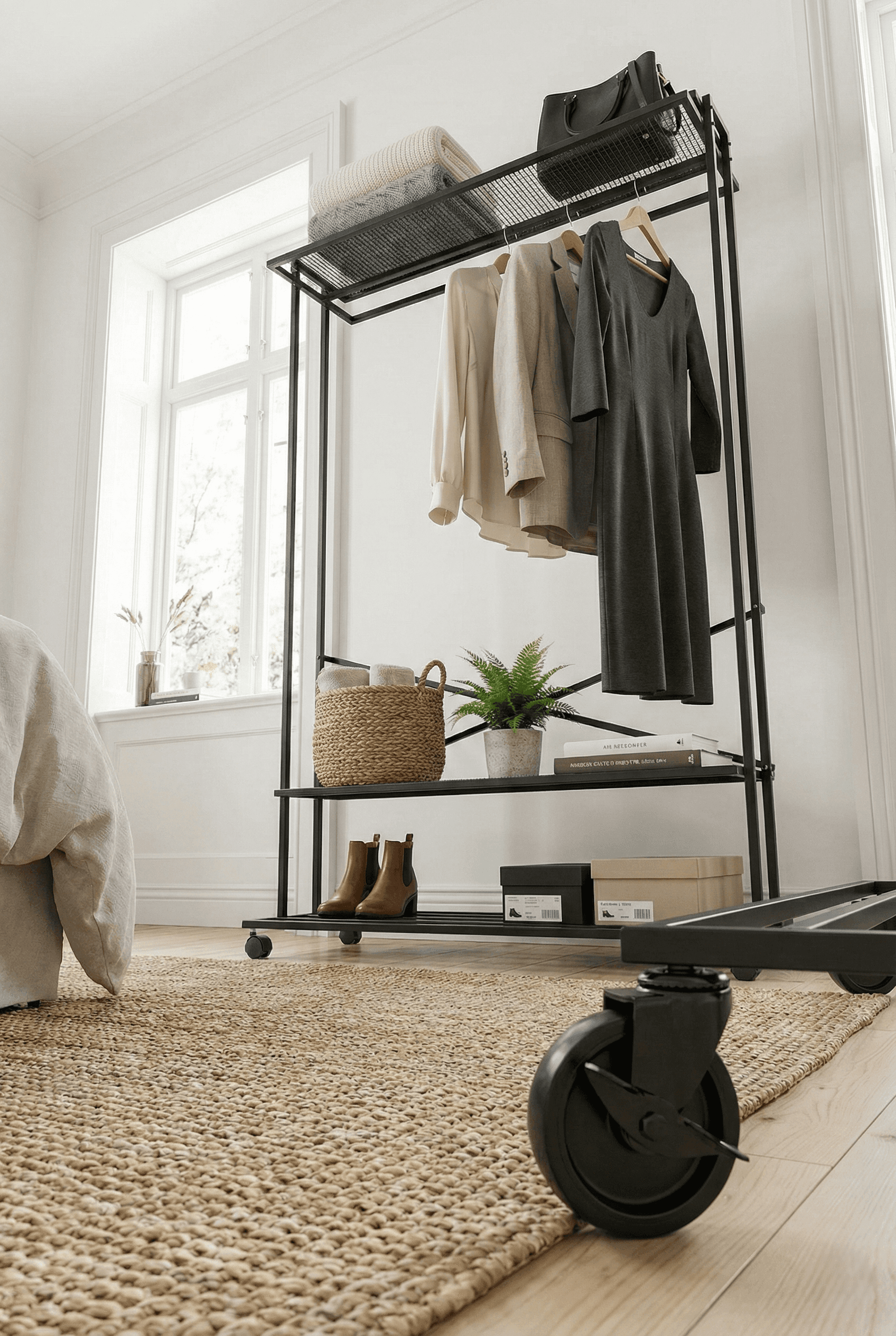 Metal 3 Raflı Tekerlekli Elbise Askısı Ayaklı Askılık Portmanto