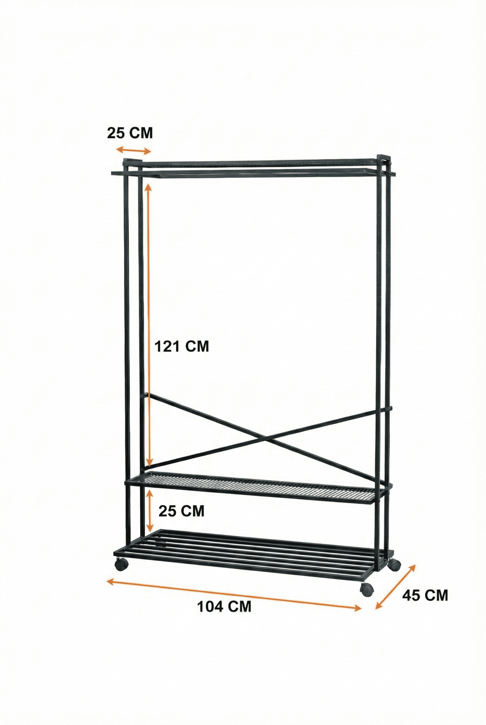 Metal 3 Raflı Tekerlekli Elbise Askısı Ayaklı Askılık Portmanto