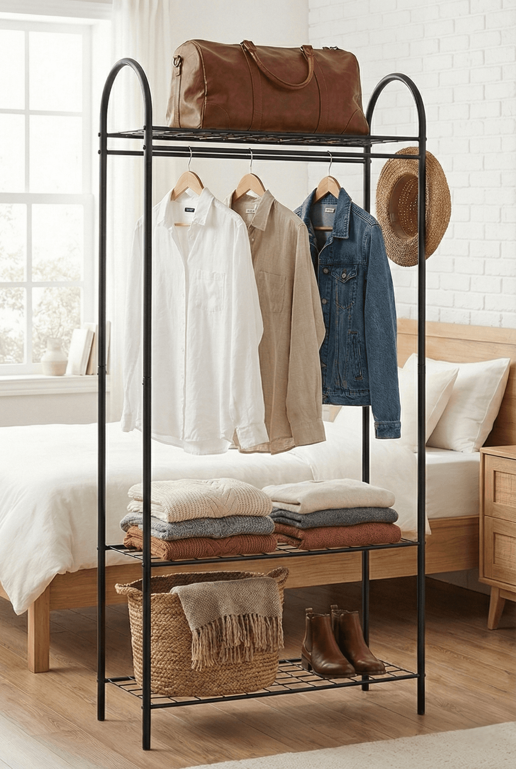 Metal 3 Raflı Ayaklı Askılık Elbise Askısı Açık Portmanto