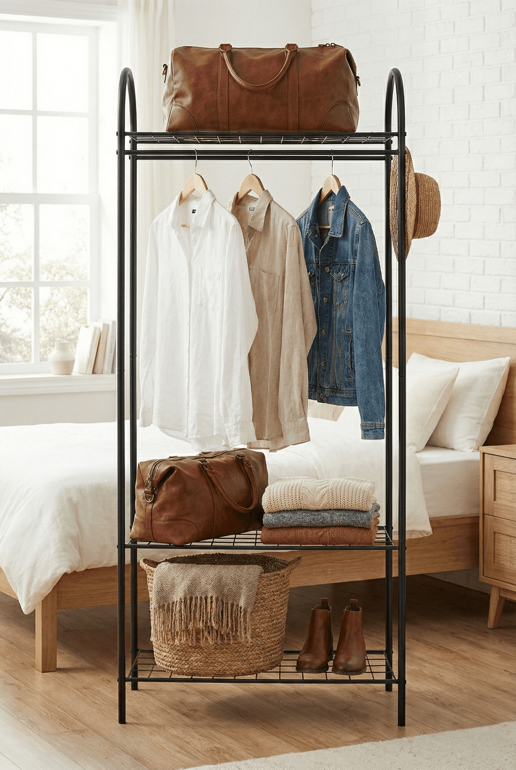 Metal 3 Raflı Ayaklı Askılık Elbise Askısı Açık Portmanto