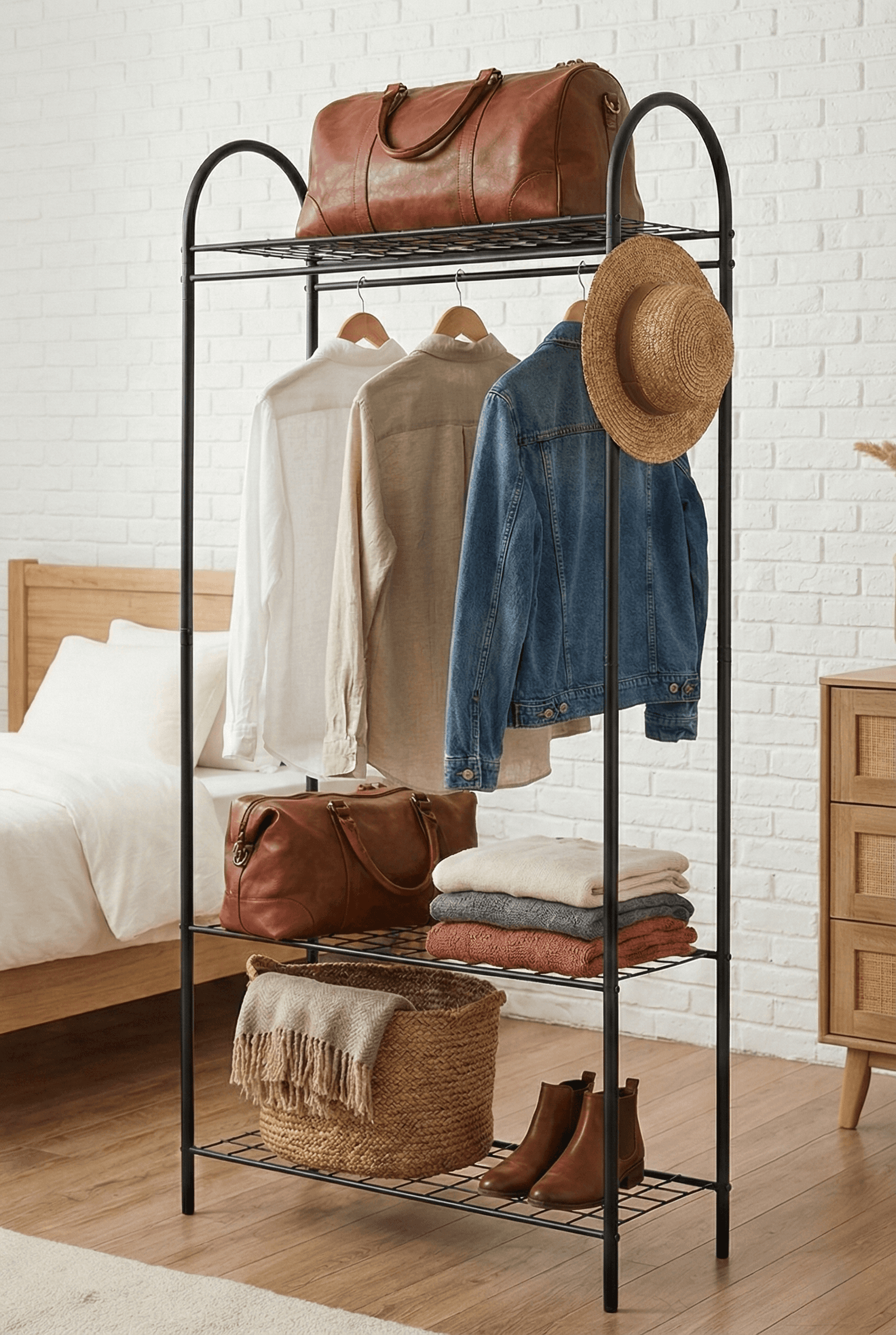 Metal 3 Raflı Ayaklı Askılık Elbise Askısı Açık Portmanto